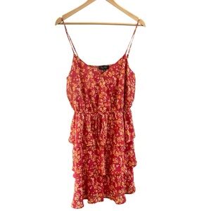 Trixxi Tiered Mini Dress Large Red Orange Floral Lurex Ruffle Boho Summer